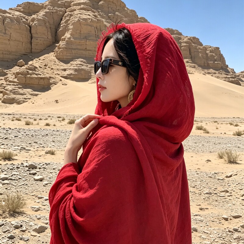 红色披肩外搭女西北民族风沙漠新疆拍摄防晒出片旅游户外薄款丝巾