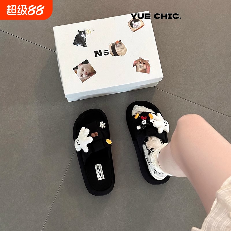时尚百搭休闲卡通可爱米奇一字拖鞋女2025夏季新款厚底沙滩凉拖鞋
