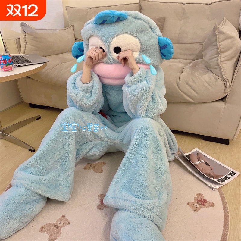 汉顿丑鱼连体睡衣女珊瑚绒加厚保暖秋冬季卡通抽象情侣睡袍长款男