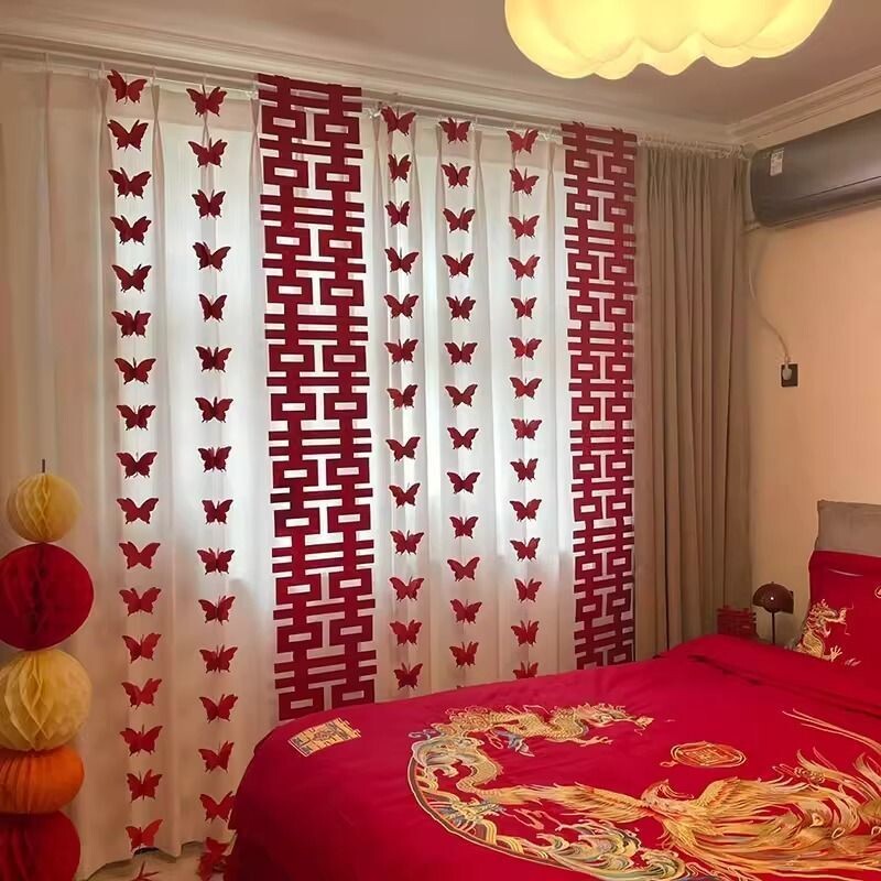 婚房布置套装结婚拍照道具长条喜字客厅卧室窗帘立体蝴蝶吊饰拉花
