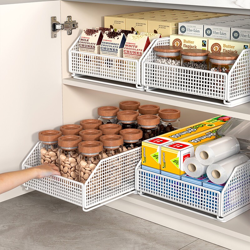 厨房可抽拉置物架橱柜内抽屉式收纳盒橱柜下多层调料储物架家用