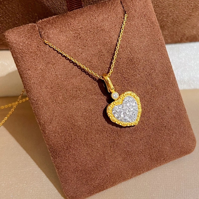 925轻奢欧美锤纹镶嵌满钻爱心吊坠项链精致超闪优雅气质时尚颈链