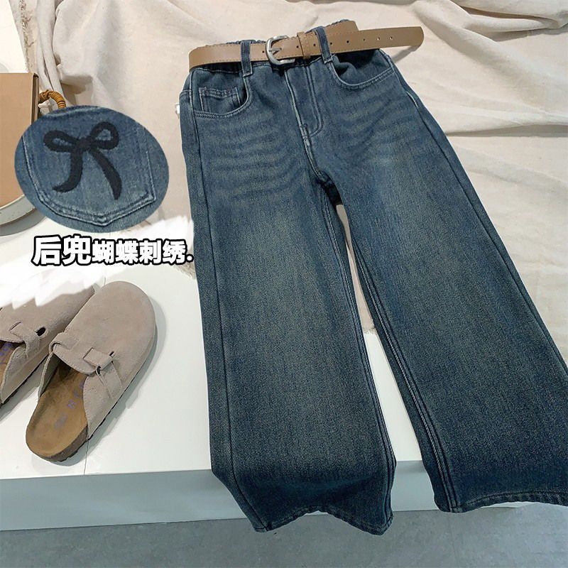 女童简约刺绣牛仔阔腿裤