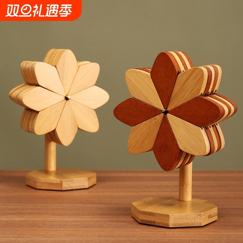 创意楠竹风车多变隔热垫耐高温防烫摆件餐垫折叠圣诞节摆件木餐垫