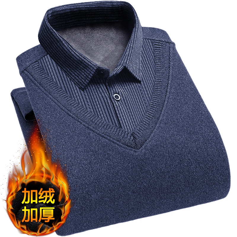 中年爸爸冬装加绒加厚保暖毛衣中老年人男士假两件上衣服针织毛衫