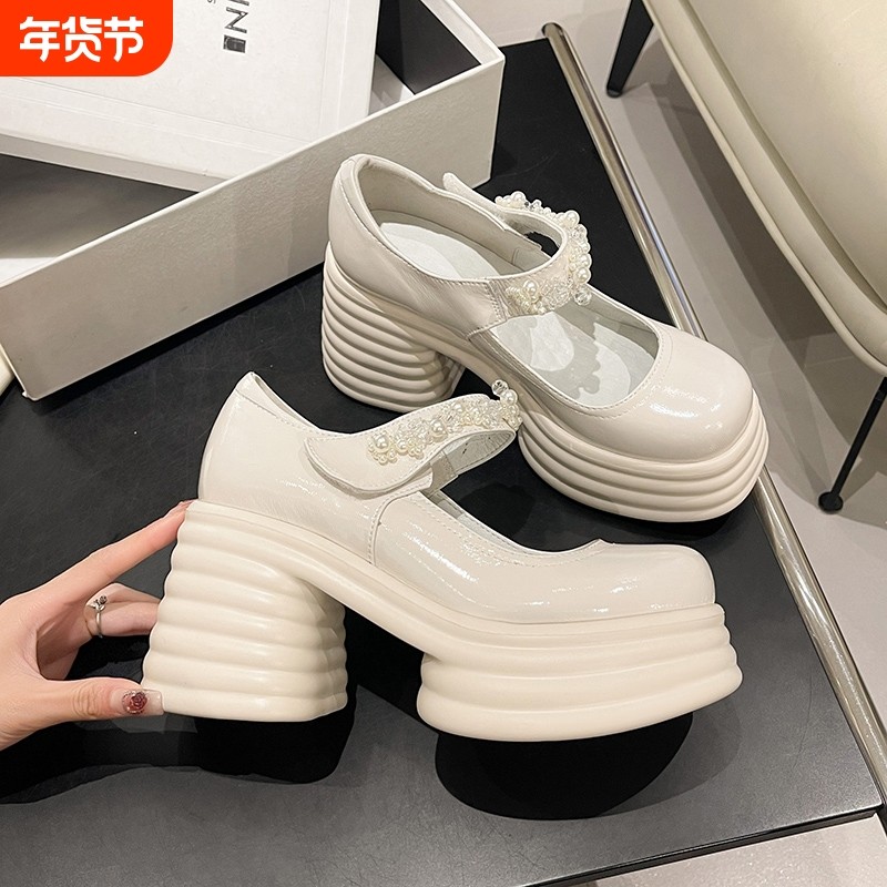 厚底婚鞋女主婚纱神器松糕鞋春季矮子乐粗跟珍珠玛丽珍新娘高跟鞋,女鞋,玛丽珍鞋,淘宝优惠券,粉丝福利购,淘宝优惠卷