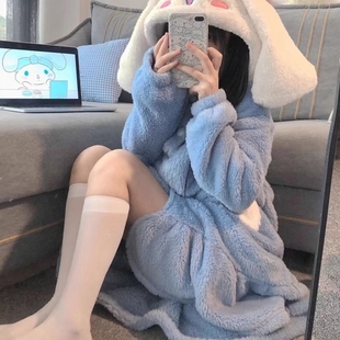 秋冬珊瑚绒玉桂狗睡袍女款 加绒加厚卡通宽松法兰绒长睡裙浴袍居家