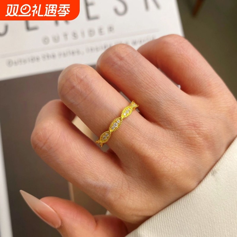 金色柳叶小排戒戒指轻奢复古宫廷风时尚百搭食指戒小众设计指环女