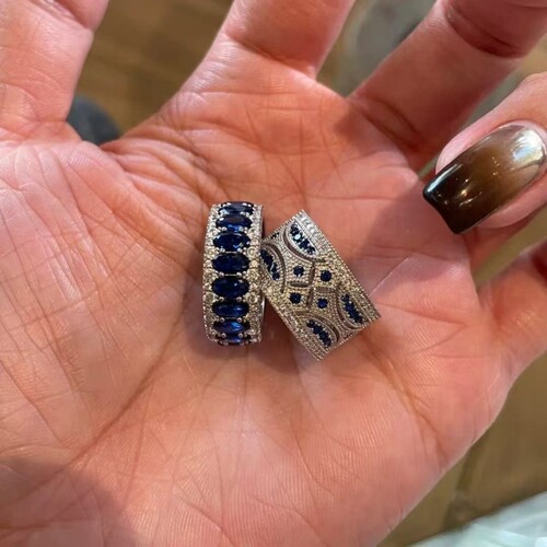 蓝色闪钻椭圆排钻戒指女新款叠戴中古风vintage素圈镂空宽版指环