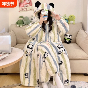 俞兆林睡衣女款秋冬季三层夹棉珊瑚绒加绒加厚睡袍可爱小熊家居服