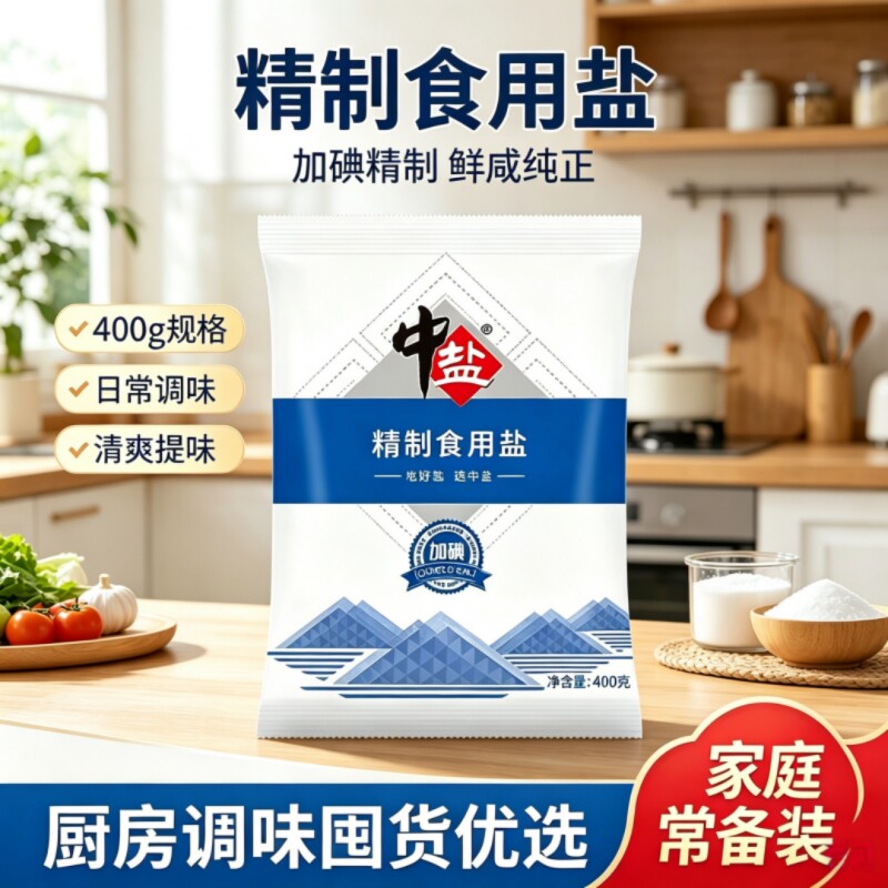 食用盐加碘精制盐400克炒菜细盐井矿盐厨房调味品家庭家用健康