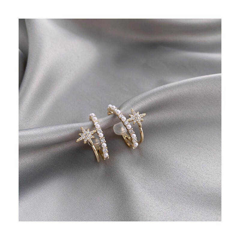 六芒星耳夹无耳洞女高级感珍珠锆石法式巴洛克耳饰隐形无痛耳骨夹