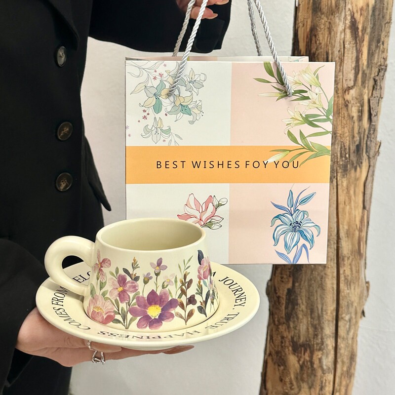 复古原创设计蝴蝶兰咖啡杯碟套装下午茶陶瓷马克杯女生伴手礼礼品