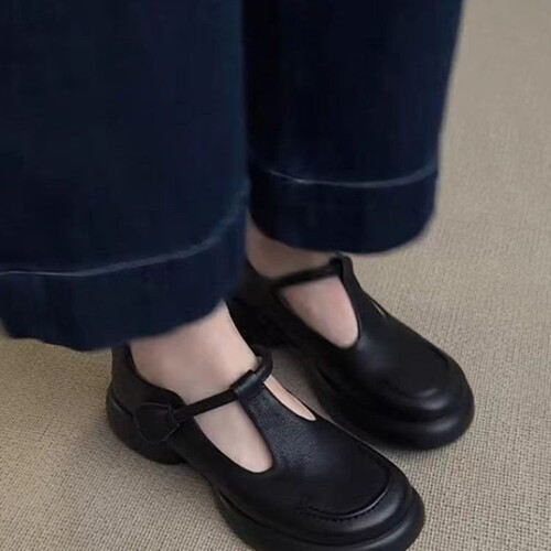 意尔康心选2026秋季新款复古简约圆头厚底玛丽珍鞋女通勤百搭黑色