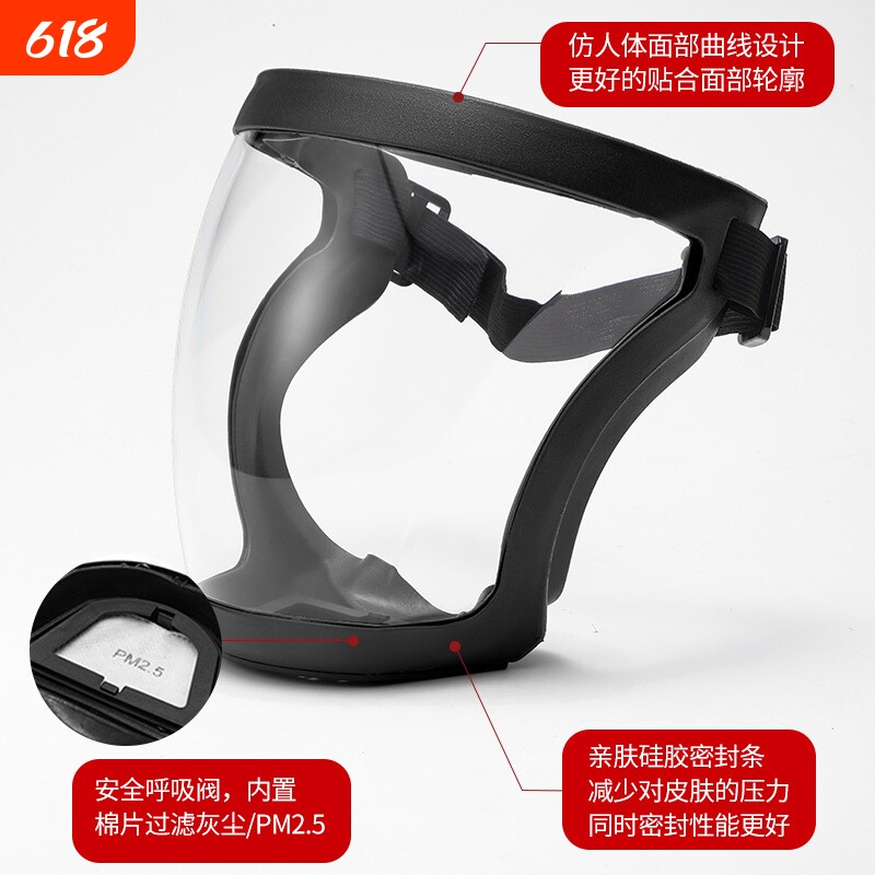 防护面罩马pc面具防雾电焊防尘防沙护目镜全脸防风粉尘高清镜片