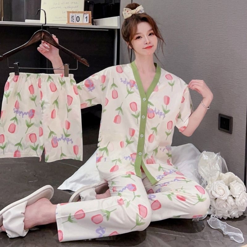 2024睡衣女夏季纯棉甜美可爱学生网红风可外穿家居服套装薄款格子