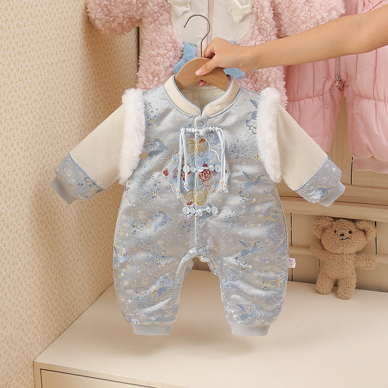 婴儿衣服秋冬装新中式男宝宝夹棉加厚连体衣冬款满月周岁幼儿爬服