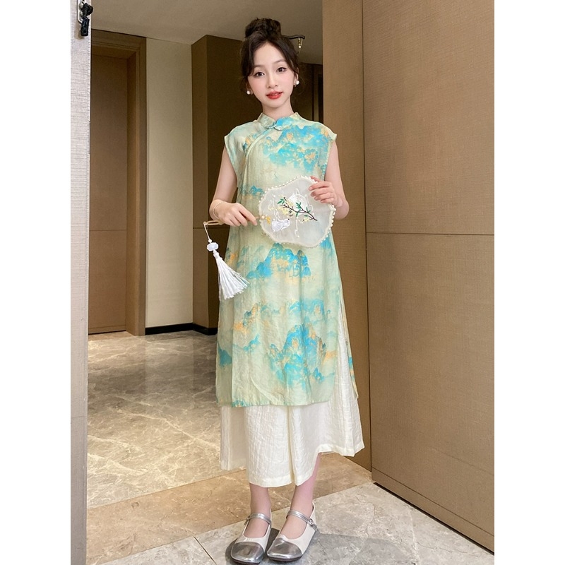 汉服古风2025新款大童女孩夏季潮国风旗袍套装儿童夏装中式风唐装