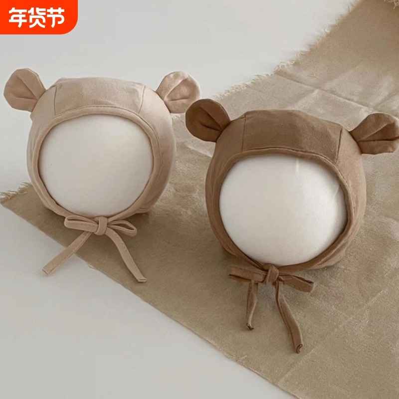 小熊新生婴儿春秋薄款胎帽纯棉护耳帽无骨可爱宝宝套头帽子0-10月