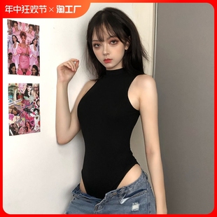 显瘦黑色连体衣女高腰性感无袖 夏季 露锁骨修身 2023新款 背心打底衫