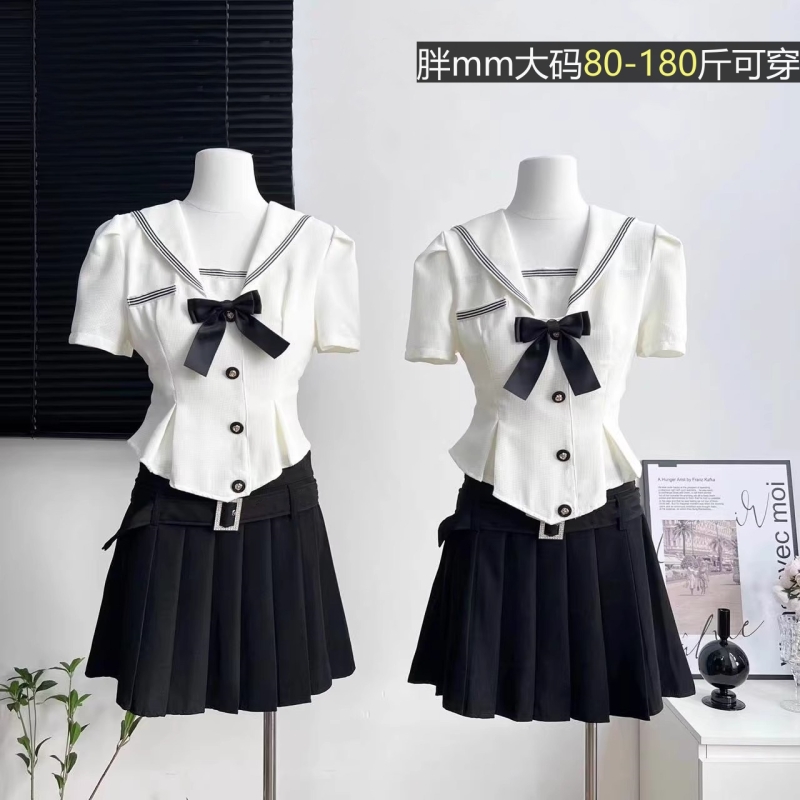 大码学院风jk制服水手服上衣夏季小个子黑色百褶裙甜辣妹两件套装