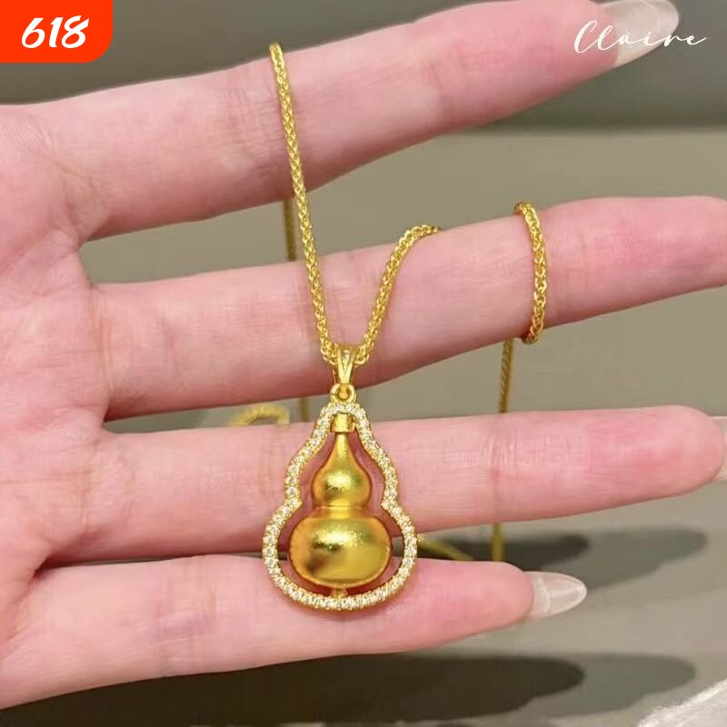 新中式金店同款古法传承沙金镶钻葫芦吊坠项链女时来运转锁骨链