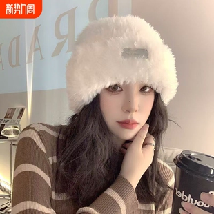 毛线帽子秋冬季女款针织显脸小保暖白色毛绒冷帽大头围粉色黑色