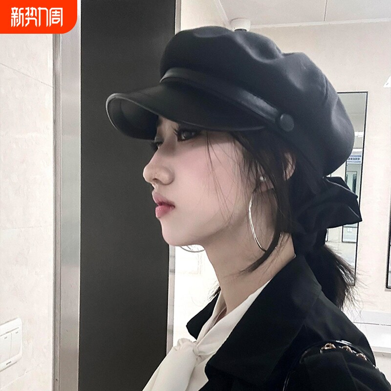 2025新款贝雷帽女冬季显脸小鸭舌八角帽英伦风复古洋气画家帽黑色