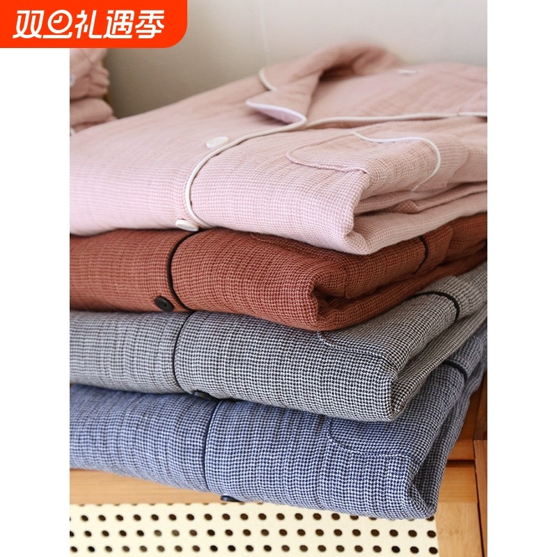 红豆加厚纯棉四层纱布睡衣女春秋冬情侣套装2025新款全棉男家居服