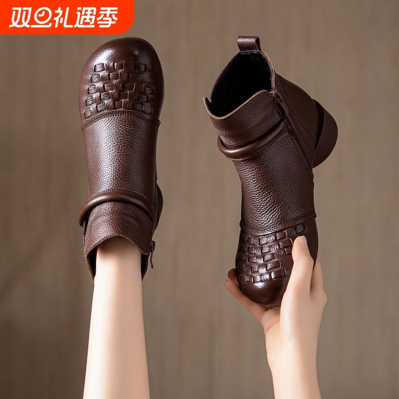 他她女孩头层牛皮秋冬2025新款复古女士短靴二棉鞋加绒真皮软防滑