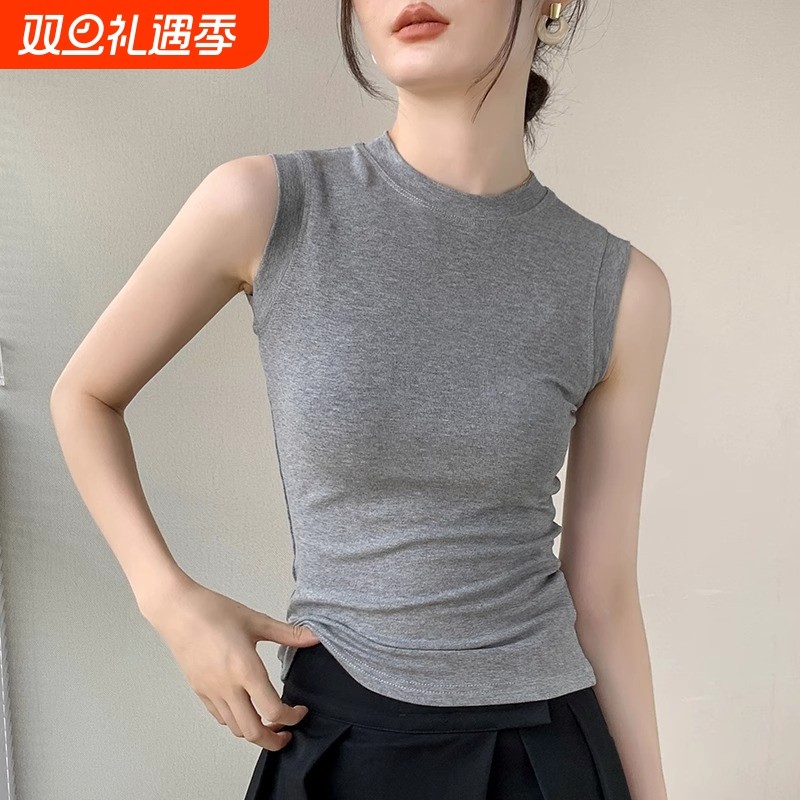 小圆领吊带背心女夏外穿2025新款显瘦灰色无袖打底上衣潮半高领