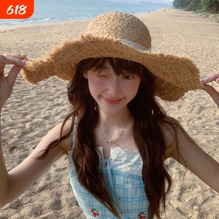 大帽檐蕾丝草帽女夏季海边度假沙滩遮阳防晒帽子法式可折叠白色