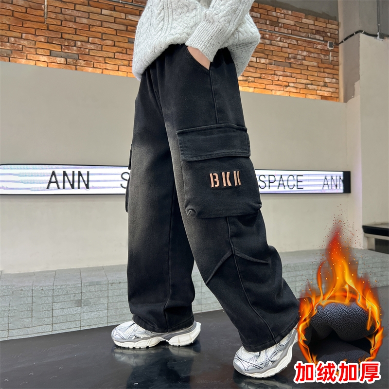 男童加绒裤子秋冬季2025新款大童加绒加厚牛仔裤儿童男孩工装长裤