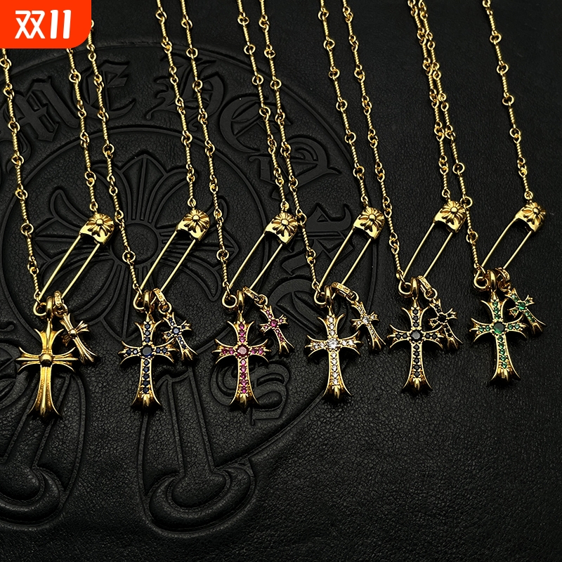 ODEK22K金色双十字架别针项链男女个性小众锁骨链十字花经典潮牌