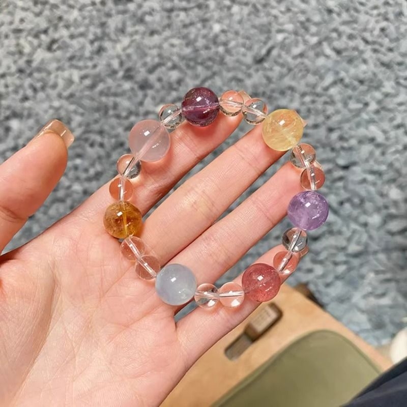 彩色糖果天然多宝手串女海蓝宝紫阿塞粉黄水晶草莓晶手链招财转运