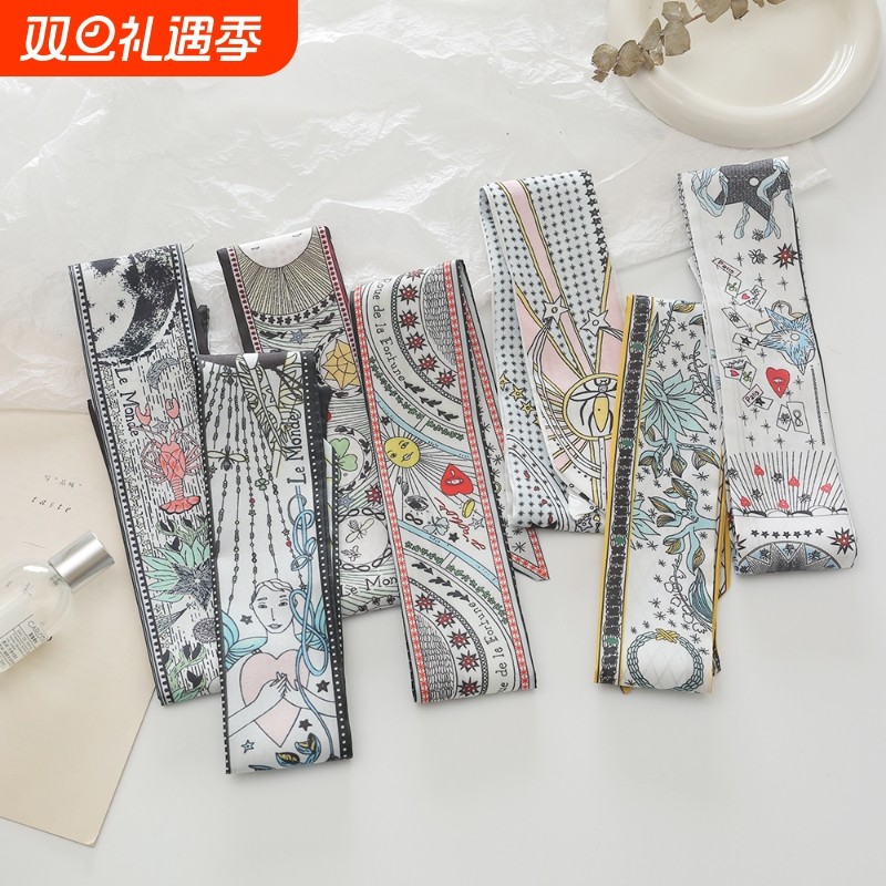 领巾女塔罗牌系列双层双面斜纹绸绑包包手柄丝巾细长窄小丝带白色