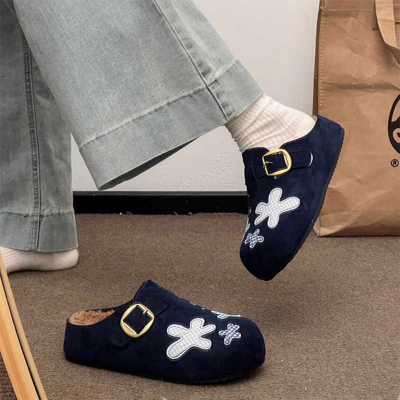 加绒复古厚底包头半拖勃肯鞋女外穿2025新款秋冬防滑软底棉拖鞋子