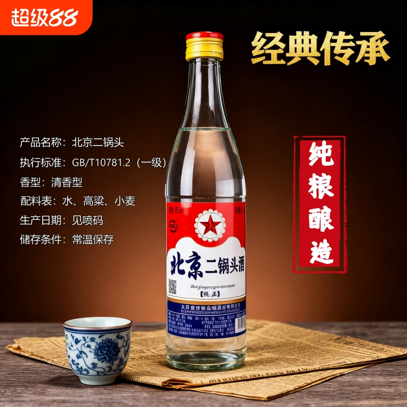北京二锅头酒56度纯粮食酒官方正品口粮酒特价百年清香型500ml瓶