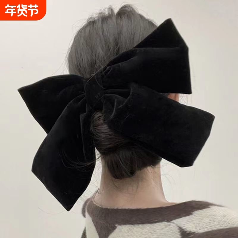 黑色丝绒蝴蝶结后脑勺大号高级感发夹日韩网红顶夹简约显脸小头饰