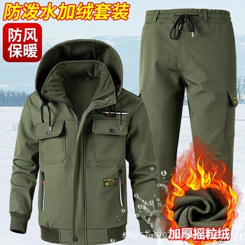 加绒加厚防水工作服男套装汽修建筑秋冬户外男士耐磨冲锋衣劳保服