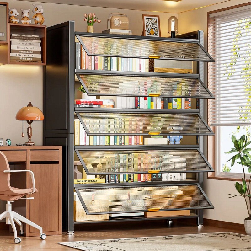 钢制书柜带门儿童书架一体靠墙防尘储物展柜落地多层置物架收纳柜