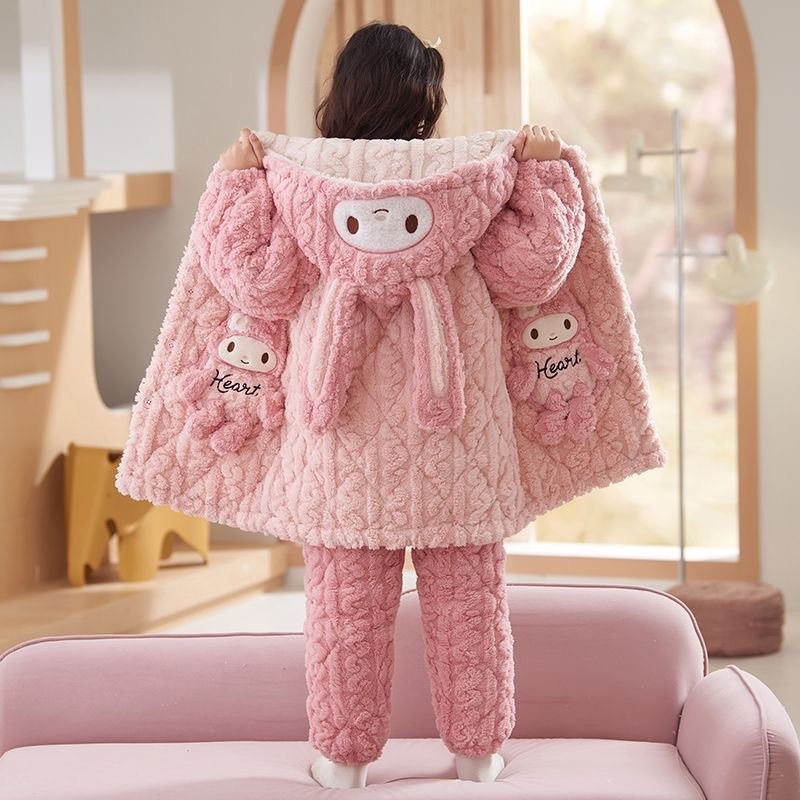 儿童睡袍女童浴袍睡衣珊瑚绒秋冬三层加绒加厚家居服长款女孩睡衣