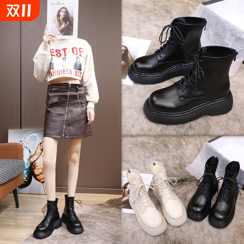 他她女孩真皮厚底马丁靴女秋冬季中筒加绒弹力短靴子33码单靴女鞋