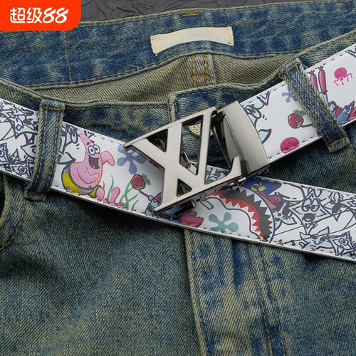 新款时尚男士皮带真皮休闲百搭字母涂鸦Z平滑腰带牛仔裤潮流网红