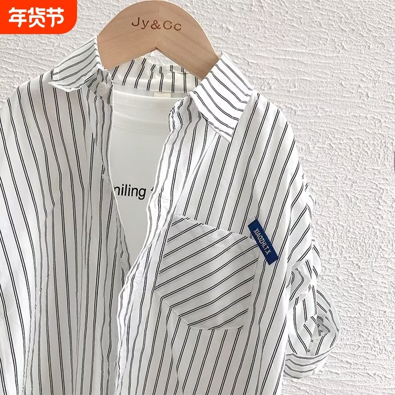 2025新款男童春季百搭新款韩版3-15岁中大童秋冬加绒长袖条纹