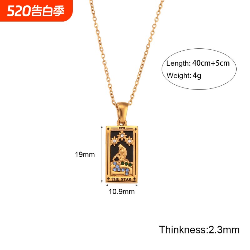 欧美ins时尚复古流行热卖项坠饰品不锈钢矩形滴油锆石塔罗牌项链