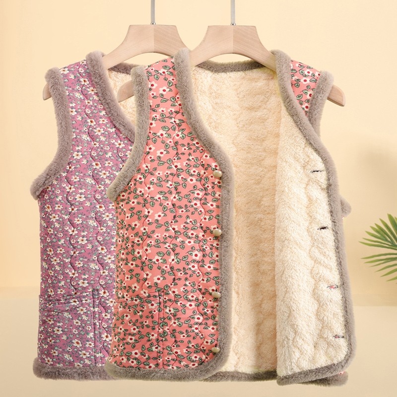 妈妈加绒加厚马甲外套秋冬装中年棉衣中老年背心棉服红色开衫洋气