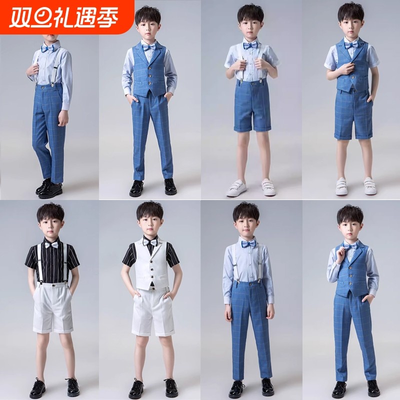 男童礼服儿童西装套装主持人演出服小男孩朗诵表演服衬衫纯棉蓝色
