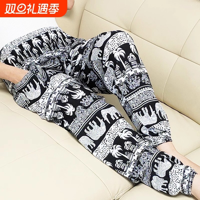 泰国瑜伽灯笼裤子女夏季波西米亚宽松人造棉绸阔腿大象花沙滩长裤