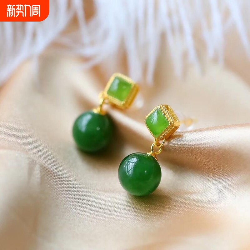 S925银圆珠天然复古时尚青玉耳坠长款碧玉菠菜绿耳环耳钉饰品女